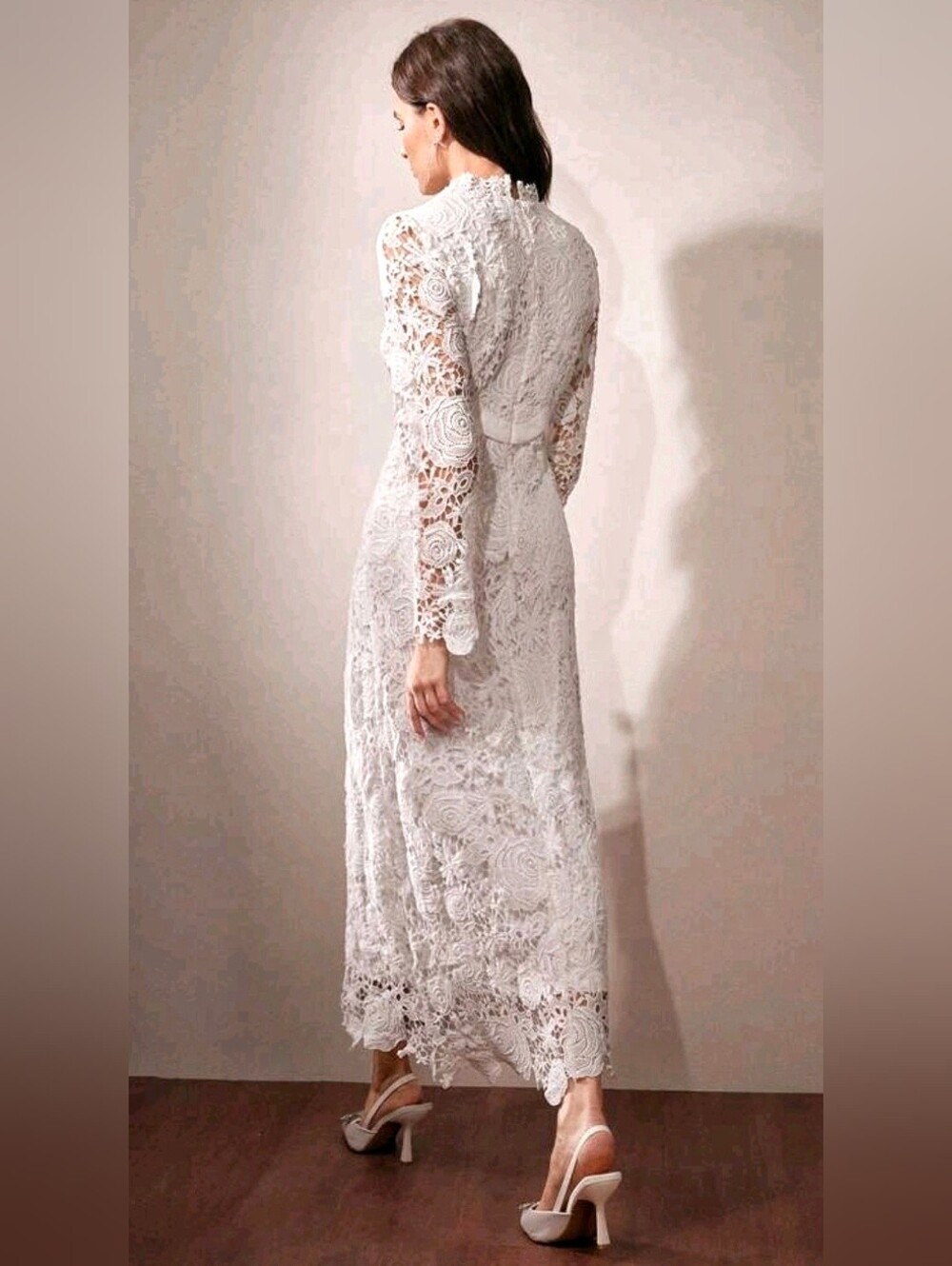 New Floral Embroidered Lace Sheer Mock Neck Scalloped Midi Dress White - Picture 5 of 14